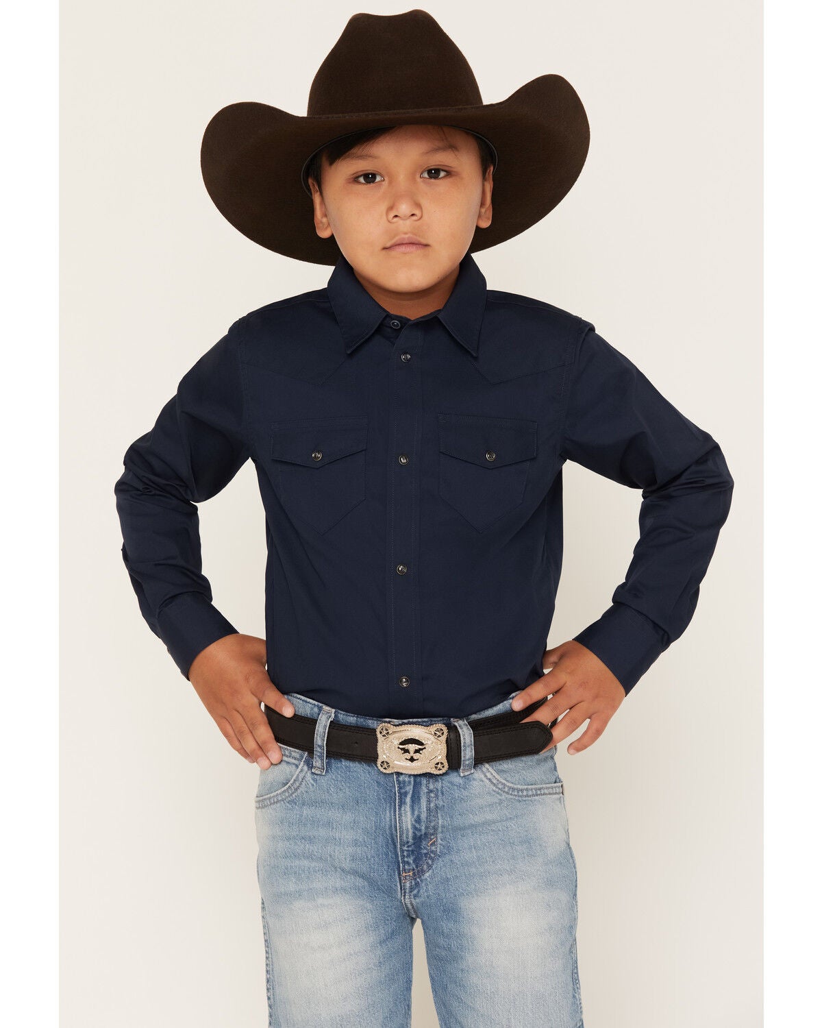 Image #1 - Gibson Trading Co Boys' Solid Long Sleeve Snap Western Shirt, Midnight Blue, hi-res
