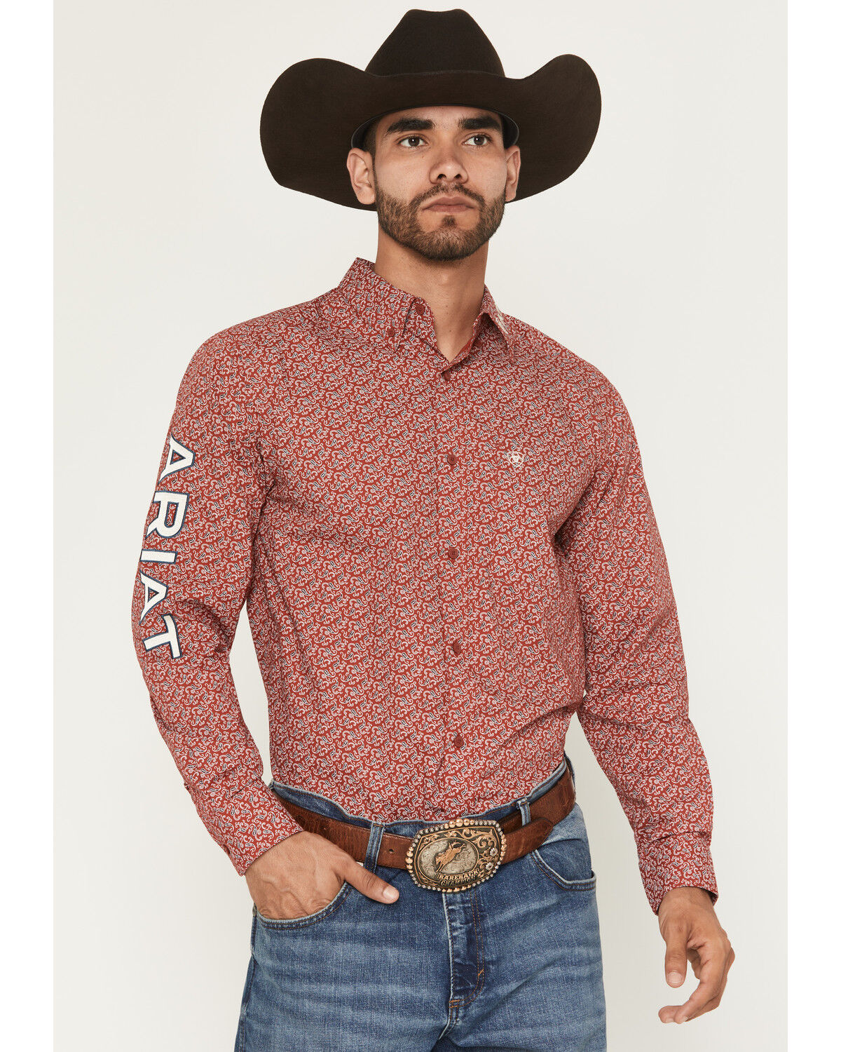 Image #1 - Ariat Men's Team Logo Paisley Print Long Sleeve Button-Down Western Shirt, Red, hi-res
