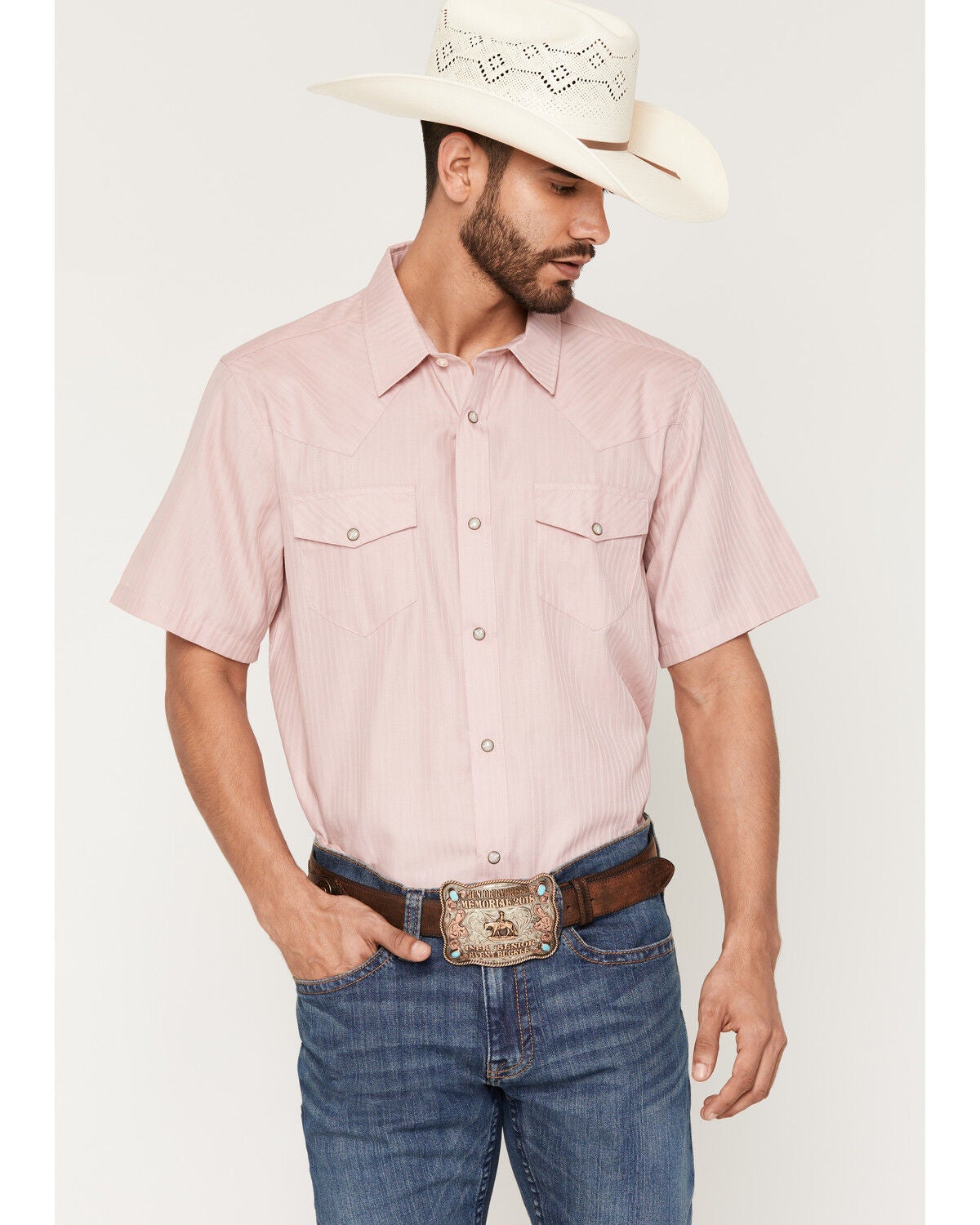 Gibson Trading Co Men's Basic Satin Striped Short Sleeve Snap Western Shirt, Blush, hi-res