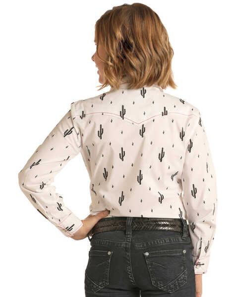 Panhandle Girls' Cactus Print Long Sleeve Western Shirt , White, hi-res