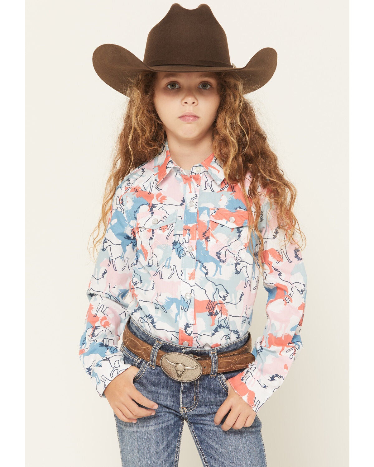 Wrangler Girls' Horse Print Long Sleeve Snap Western Shirt, Multi, hi-res