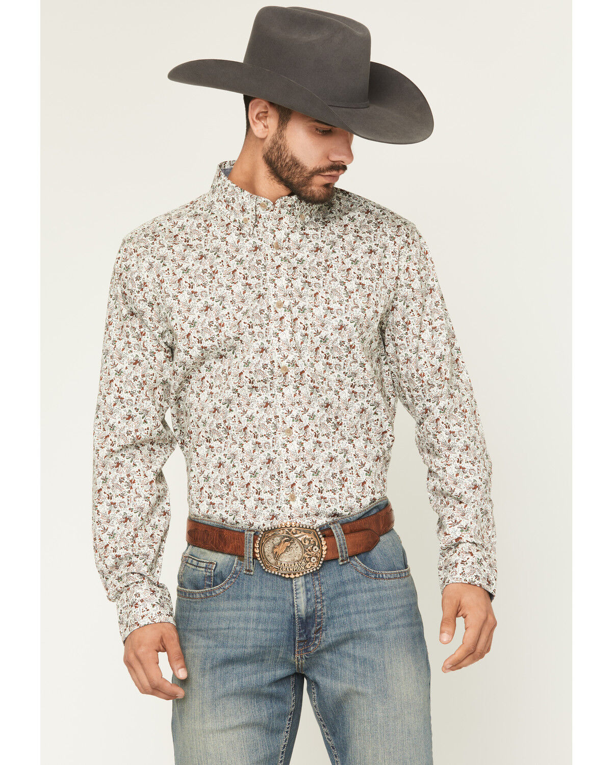 Image #1 - Cody James Men's Picher Floral Print Long Sleeve Button-Down Stretch Western Shirt, Tan, hi-res