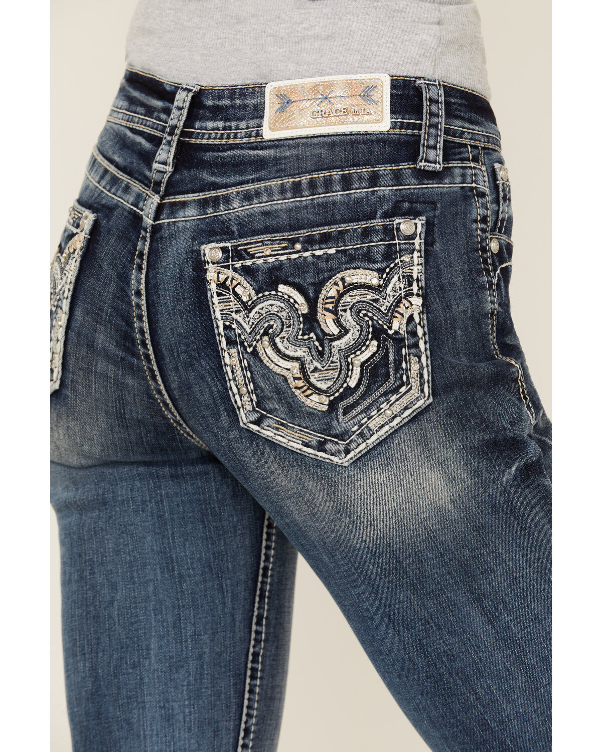 Image #2 - Grace in LA Women's Medium Wash Mid Rise Swirl Pocket Bootcut Stretch Denim Jeans, Medium Wash, hi-res