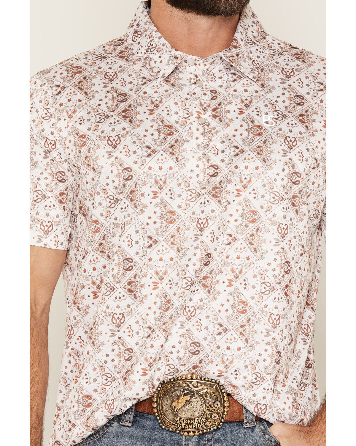 Image #3 - Panhandle Slim Men's Bandana Print Short Sleeve Pearl Snap Performance Polo, Natural, hi-res