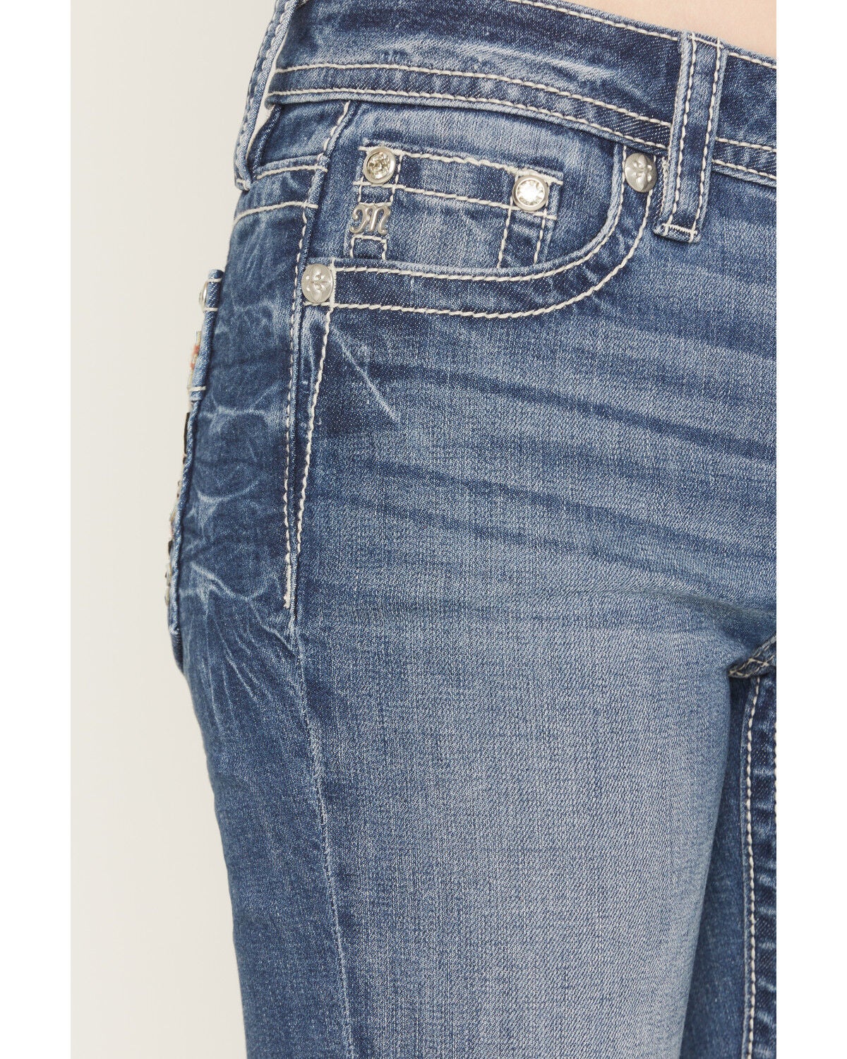 Image #4 - Miss Me Women's Medium Wash Mid Rise Wing Pocket 30" Bootcut Stretch Denim Jeans, Medium Wash, hi-res