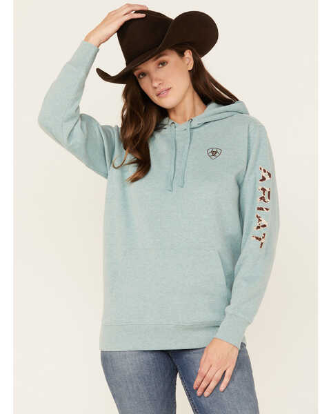 Image #1 - Ariat Women's Cow Print Embroidered Logo Hoodie , Blue, hi-res
