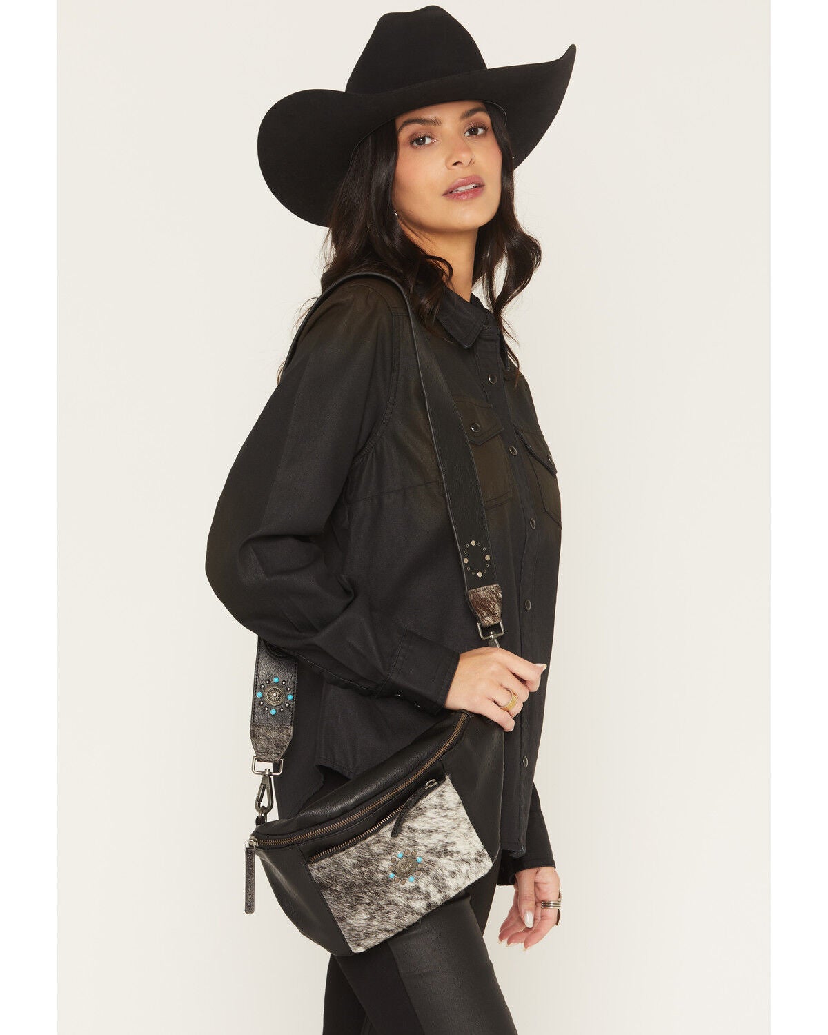 Shyanne Women's Winslow Hairon Concho Sling Bag, Black, hi-res