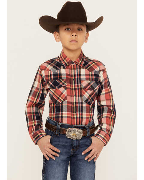 Roper Boys' Plaid Print Long Sleeve Snap Western Flannel Shirt, Red, hi-res