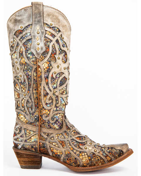 Image #2 - Corral Women's Taupe Inlay Western Boots - Snip Toe, Taupe, hi-res