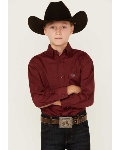 Panhandle Boys' Solid Long Sleeve Button-Down Stretch Western Shirt , Burgundy, hi-res