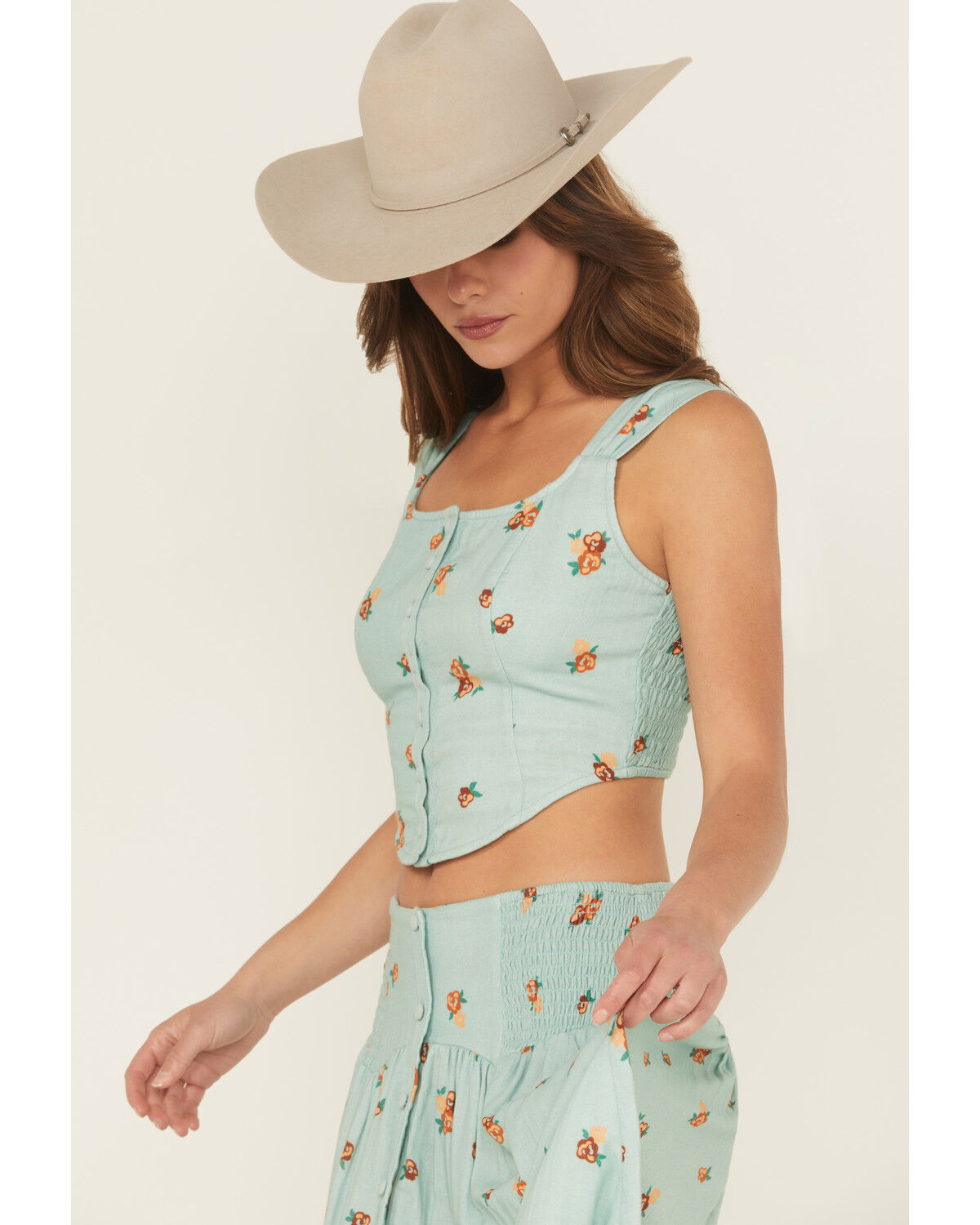Image #2 - Rock & Roll Denim Women's Floral Print Button-Down Coreset Tank Top, Aqua, hi-res