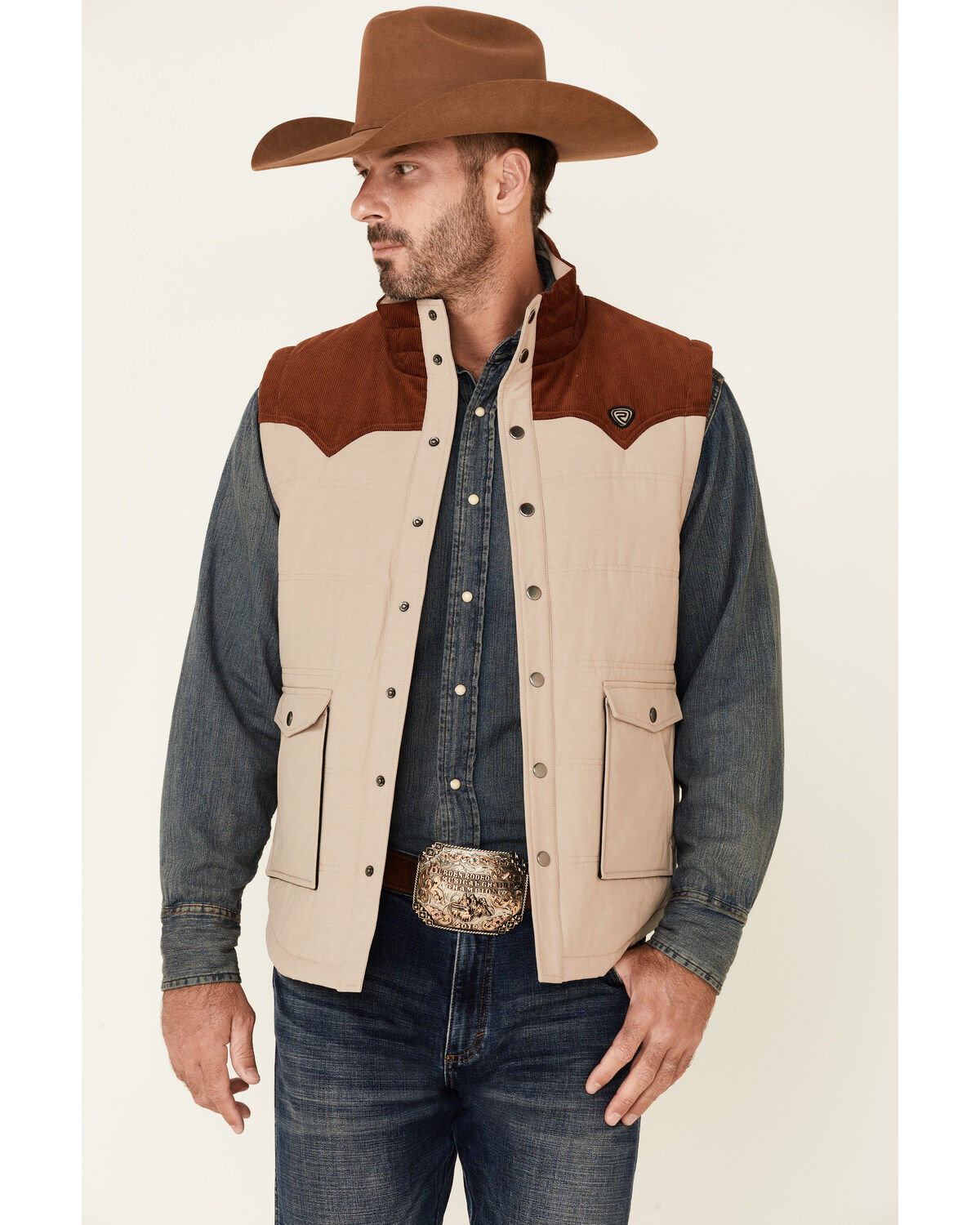 Image #1 - Rock & Roll Denim Men's Color-Block Quilted Poly-Fill Snap-Front Vest, Tan, hi-res