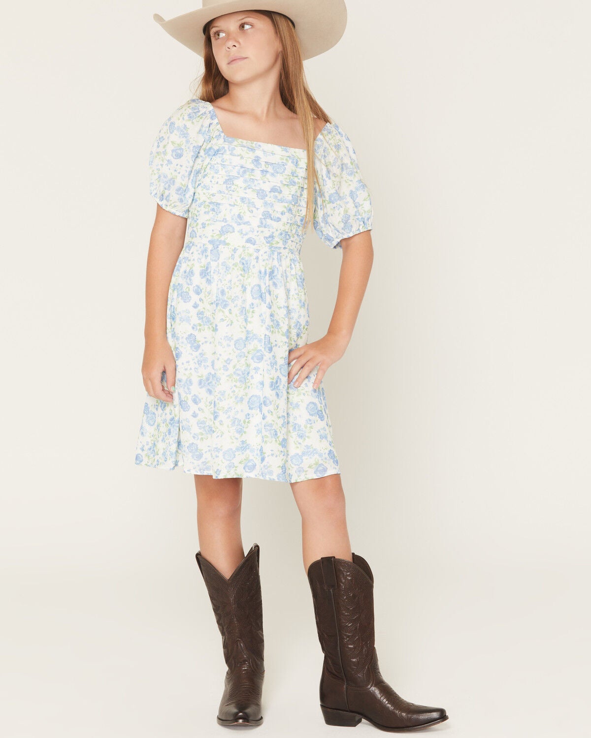 Trixxi Little Girls' Floral Print Puff Sleeve Midi Dress, Blue, hi-res