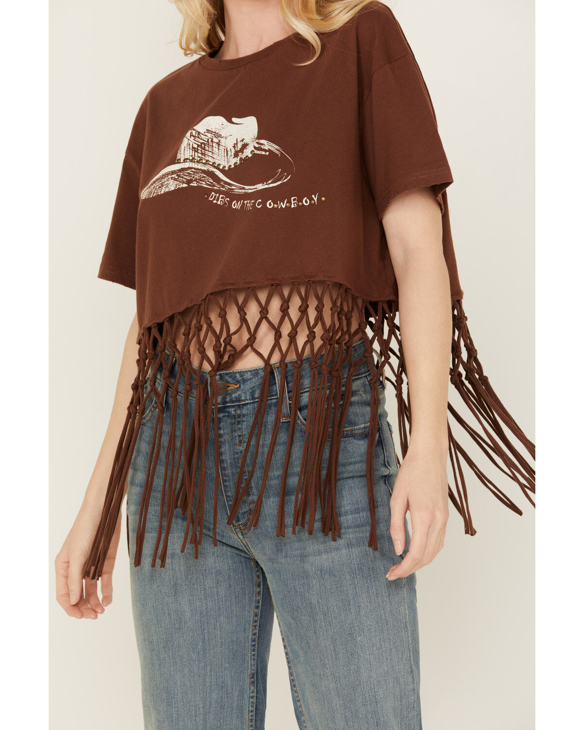 Image #3 - Miss Me Women's Hat Short Sleeve Fringe Graphic Tee, Chocolate, hi-res