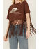 Image #3 - Miss Me Women's Hat Short Sleeve Fringe Graphic Tee , Chocolate, hi-res