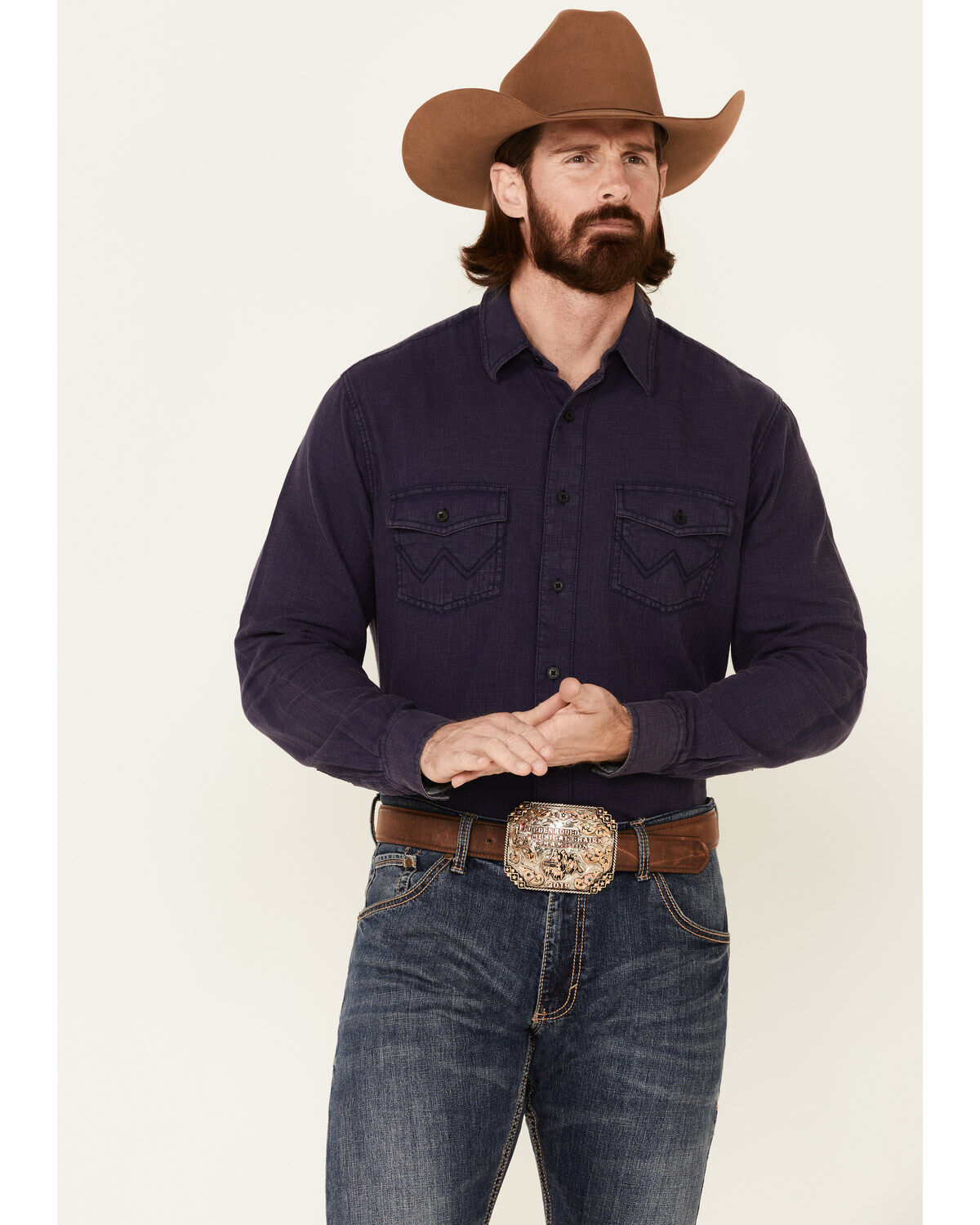 Image #1 - Wrangler Retro Premium Men's Solid Long Sleeve Button-Down Western Shirt, Blue, hi-res