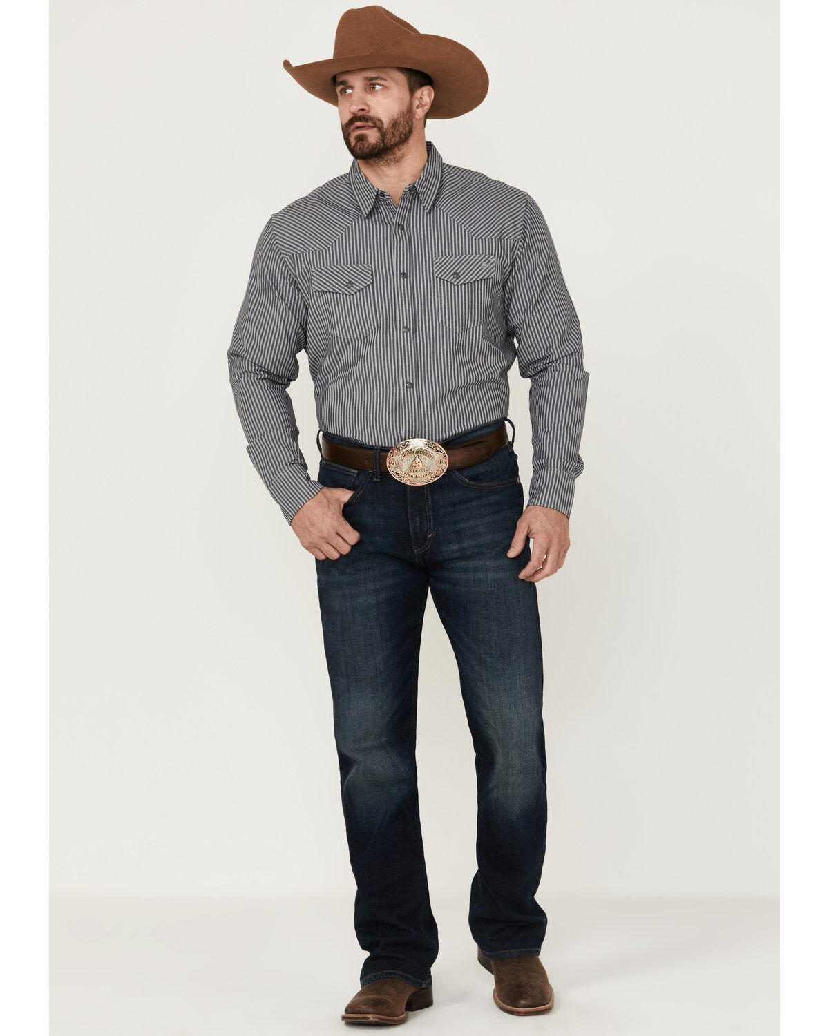 Image #2 - Blue Ranchwear Men's Stripe Washed Long Sleeve Snap Heavy Western Shirt, Light Grey, hi-res
