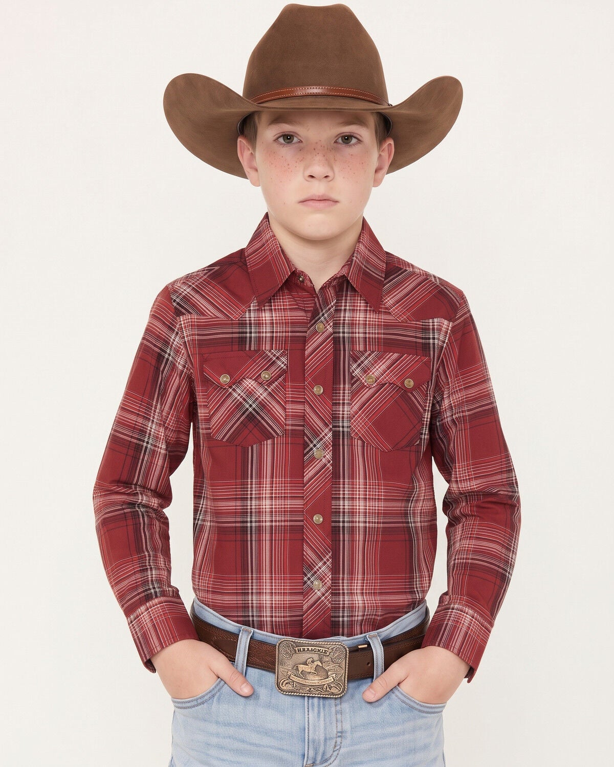 Wrangler Boys' Plaid Print Long Sleeve Snap Western Shirt, Red, hi-res