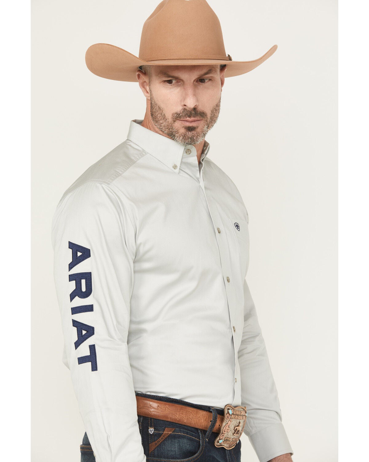 Ariat Men's Team Logo Twill Solid Long Sleeve Button-Down Western Shirt - Tall, Light Grey, hi-res