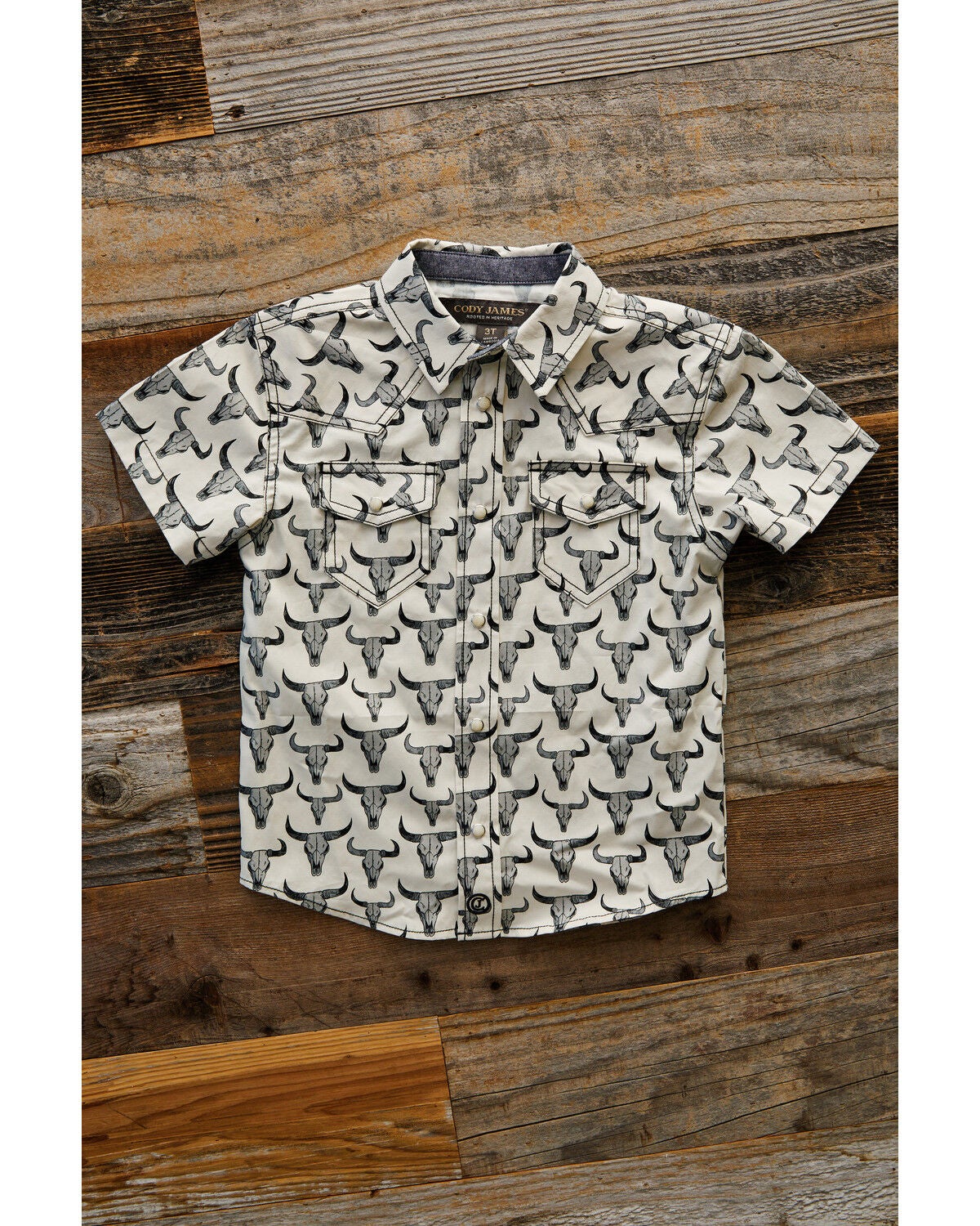 Cody James Toddler Boys' Toro Steerhead Print Short Sleeve Snap Western Shirt, Tan, hi-res