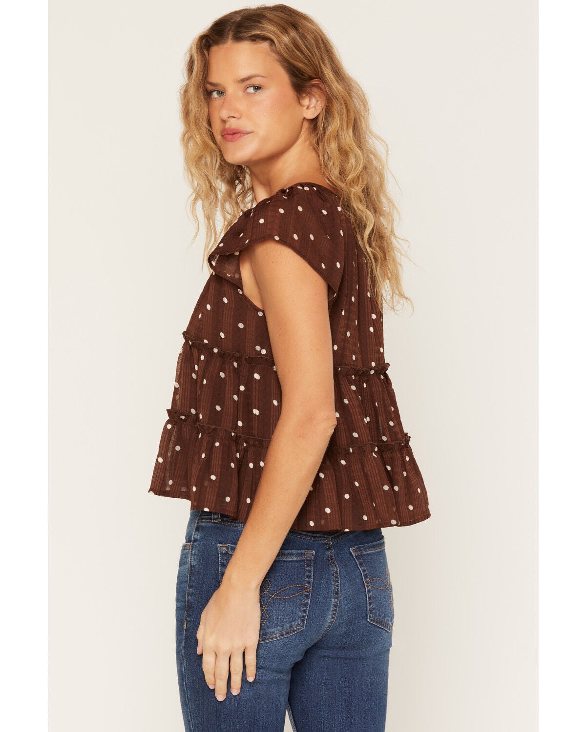 Image #4 - Ash & Violet Women's Boot Barn Exclusive Polka Dot Tie-Front Tiered Blouse, Brown, hi-res
