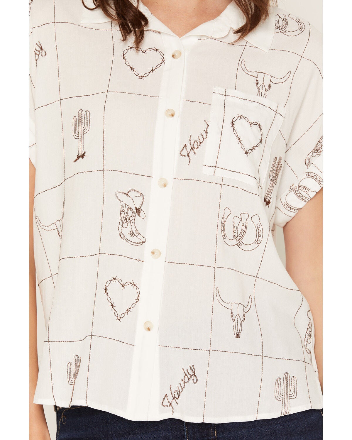 Image #3 - Olive Hill Women's Boot Barn Exclusive Embroidered Western Motif Short Sleeve Button-Down Western Shirt, Ivory, hi-res