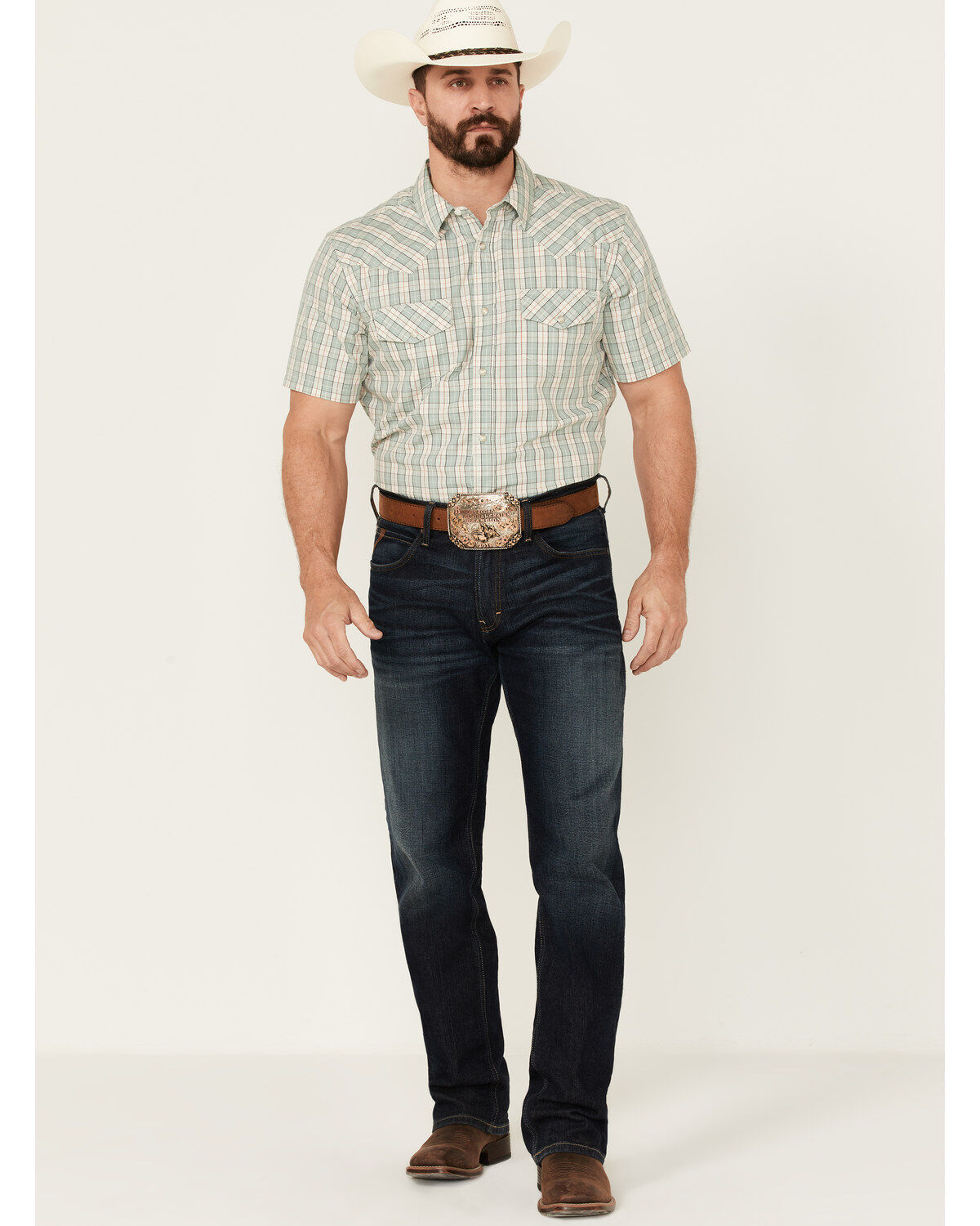 Product Name:  Gibson Men's Cream Archie Plaid Print Short Sleeve Pearl Snap Western Shirt