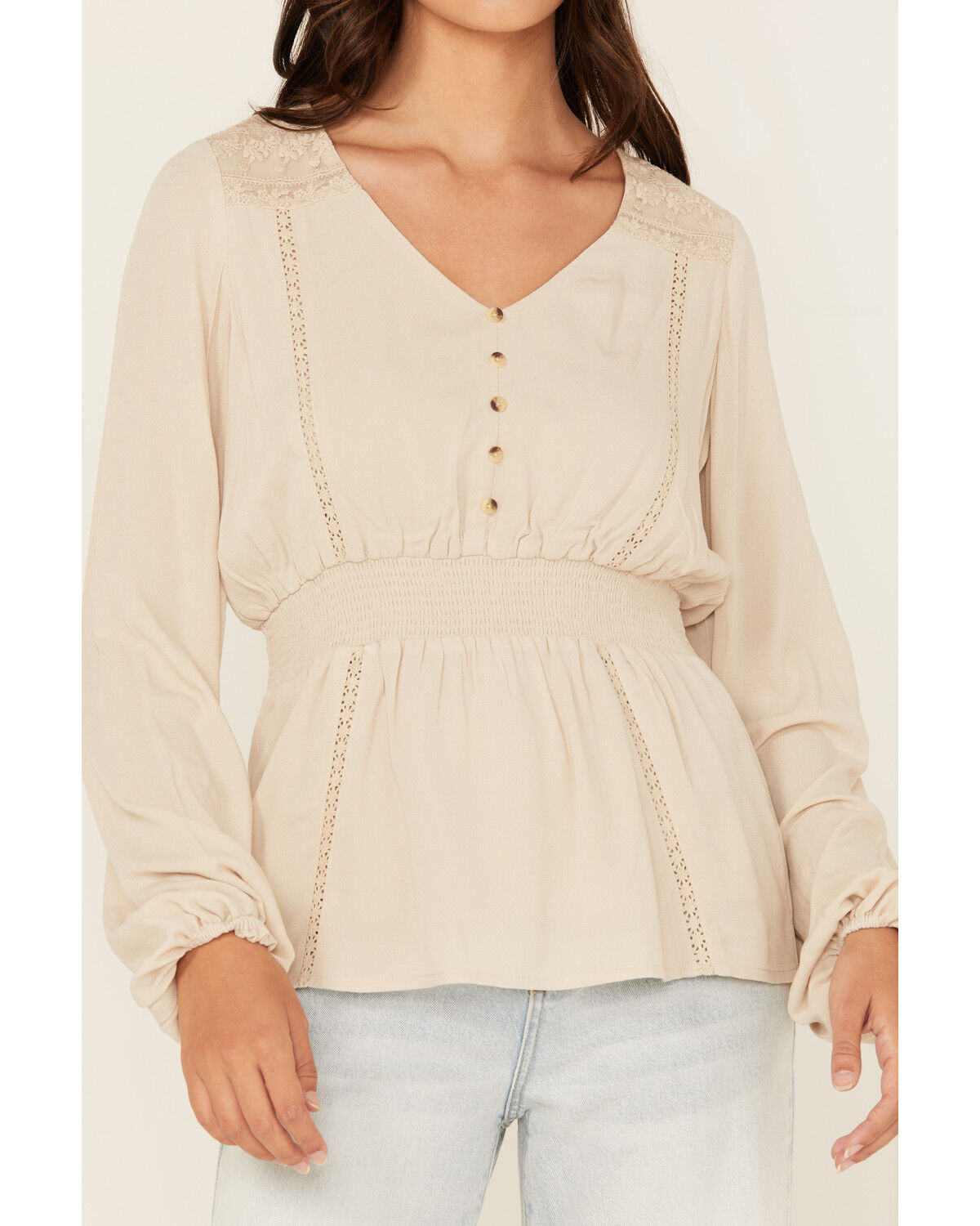 Image #3 - Shyanne Women's Lace Long Sleeve Button-Down Shirt, Natural, hi-res