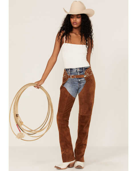 Image #1 - Understated Leather Women's Studded Suede Paris Texas Chaps, Tan, hi-res