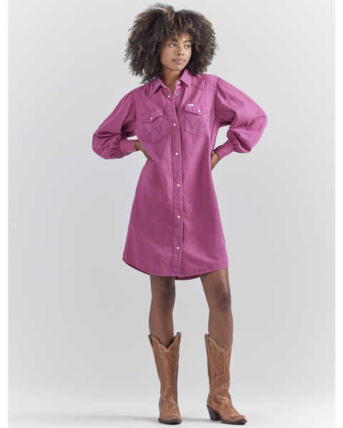 Wrangler® X Barbie™ Women's Dreamy Denim Western Shirt Dress, Pink, hi-res