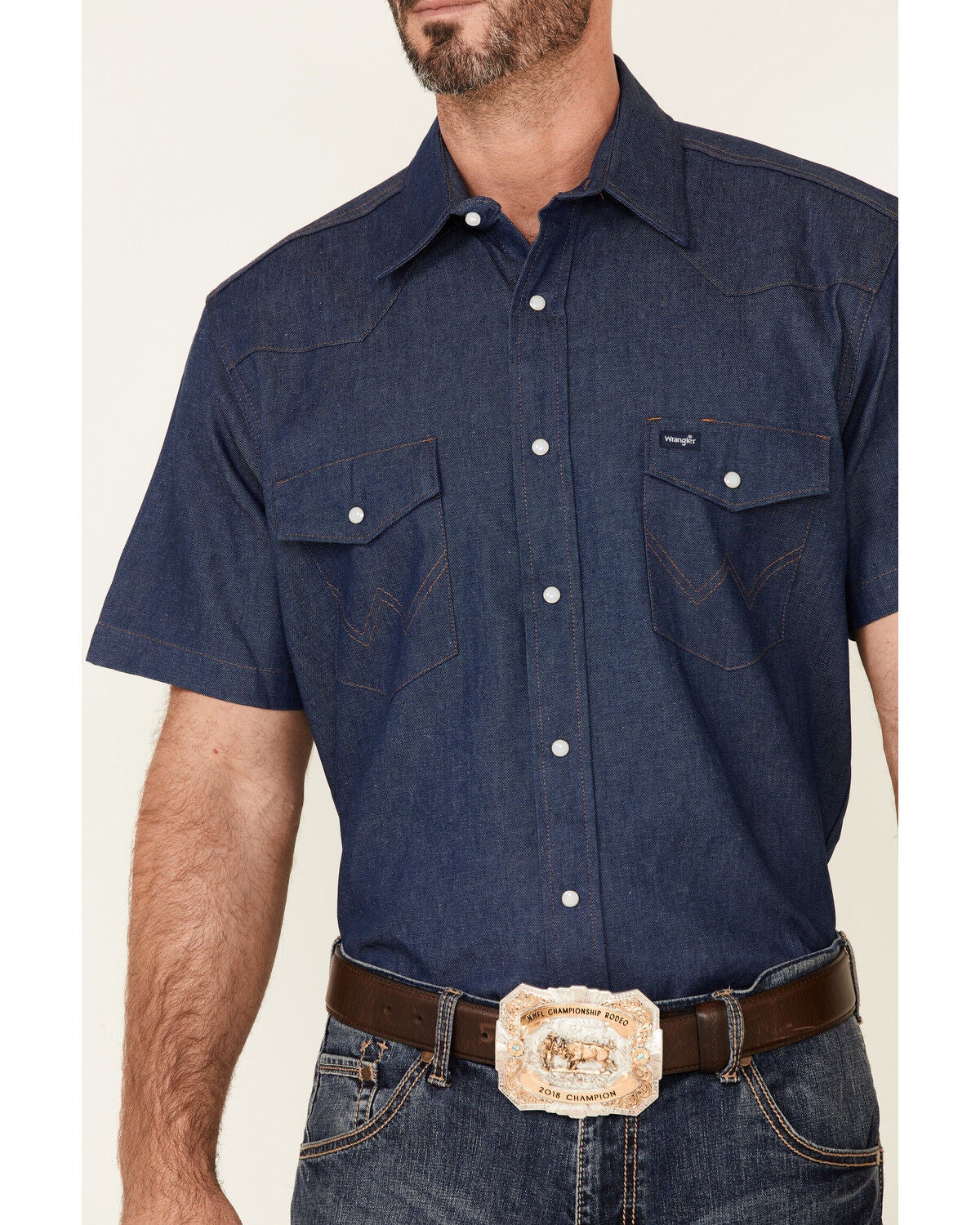Image #3 - Wrangler Men's Cowboy Cut&reg; Firm Finish Denim Short Sleeve Snap Western Work Shirt, Navy, hi-res