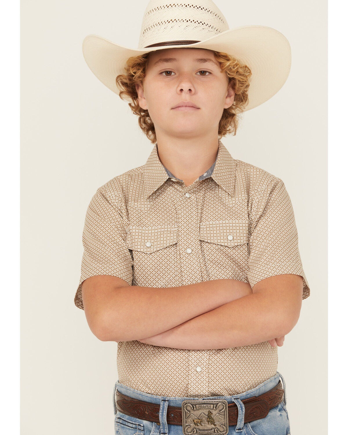 Cody James Boys' Grill and Greet Medallion Print Short Sleeve Snap Western Shirt, Tan, hi-res