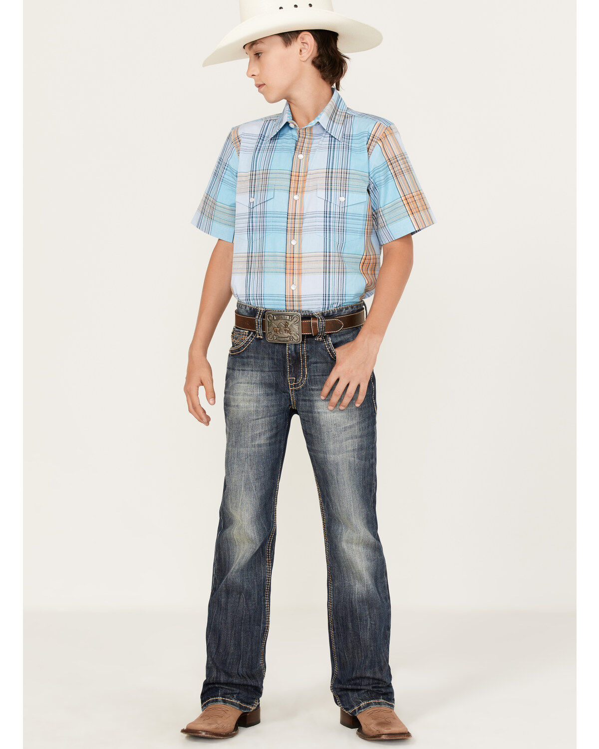 Image #2 - Panhandle Boys' Plaid Print Short Sleeve Western Pearl Snap Shirt, Light Blue, hi-res