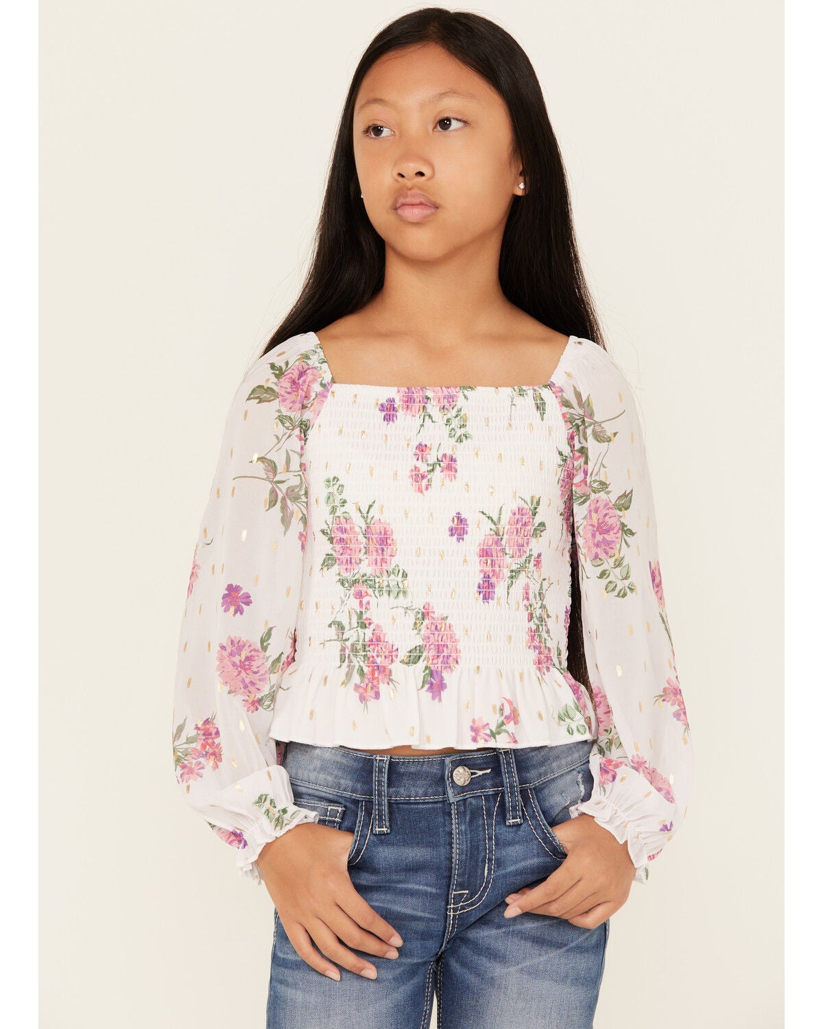 Sugar California Girls' Floral Printed Long Sleeve Smocked Shirt, Ivory, hi-res