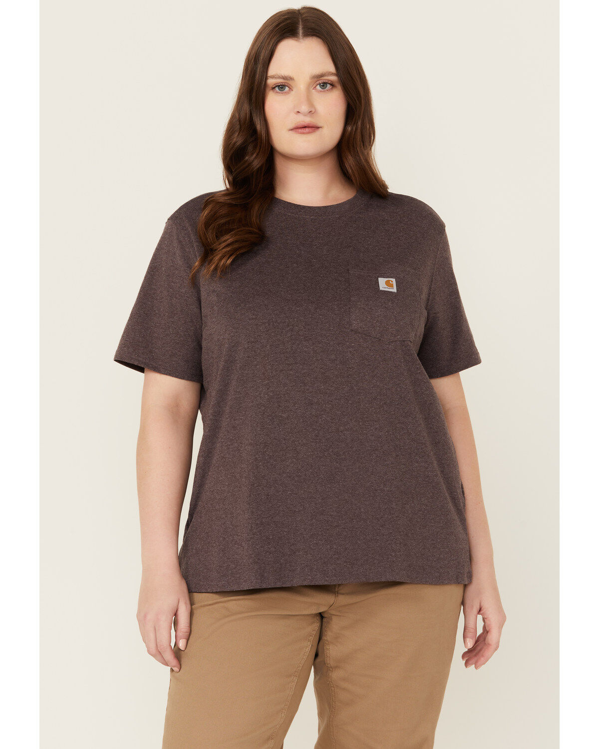 Image #1 - Carhartt Women's Heavyweight Pocket Short Sleeve Work Tee - Plus, Purple, hi-res
