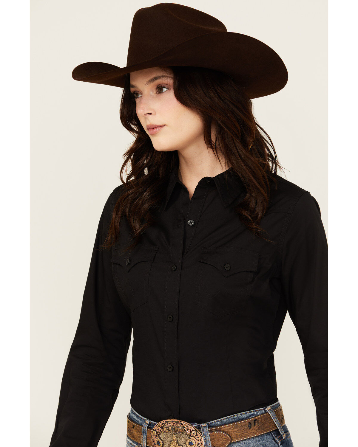 Image #2 - Wrangler Retro Women's Solid Long Sleeve Button-Down Stretch Western Shirt, Black, hi-res