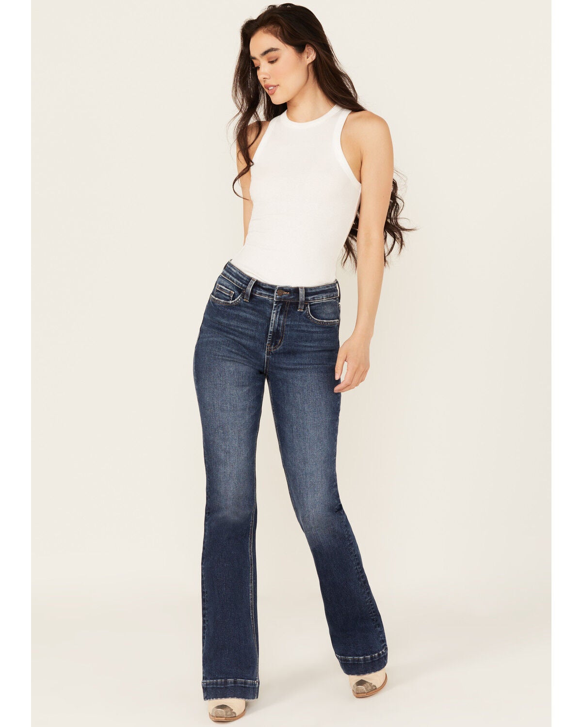 Vervet Women's Dark Wash High Rise Trouser Stretch Denim Jeans, Dark Wash, hi-res