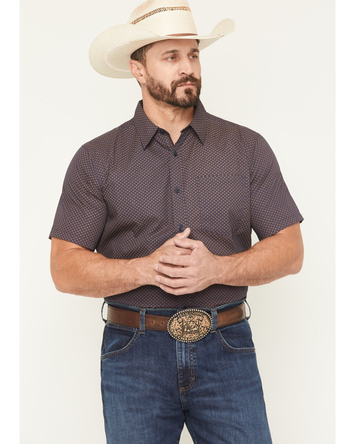Gibson Trading Co Men's Polka Micro Geo Print Short Sleeve Button-Down Stretch Western Shirt, Navy, hi-res