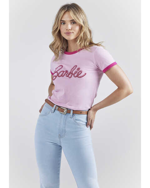 Wrangler® X Barbie™ Women's Logo Slim Ringer Tee, Pink, hi-res