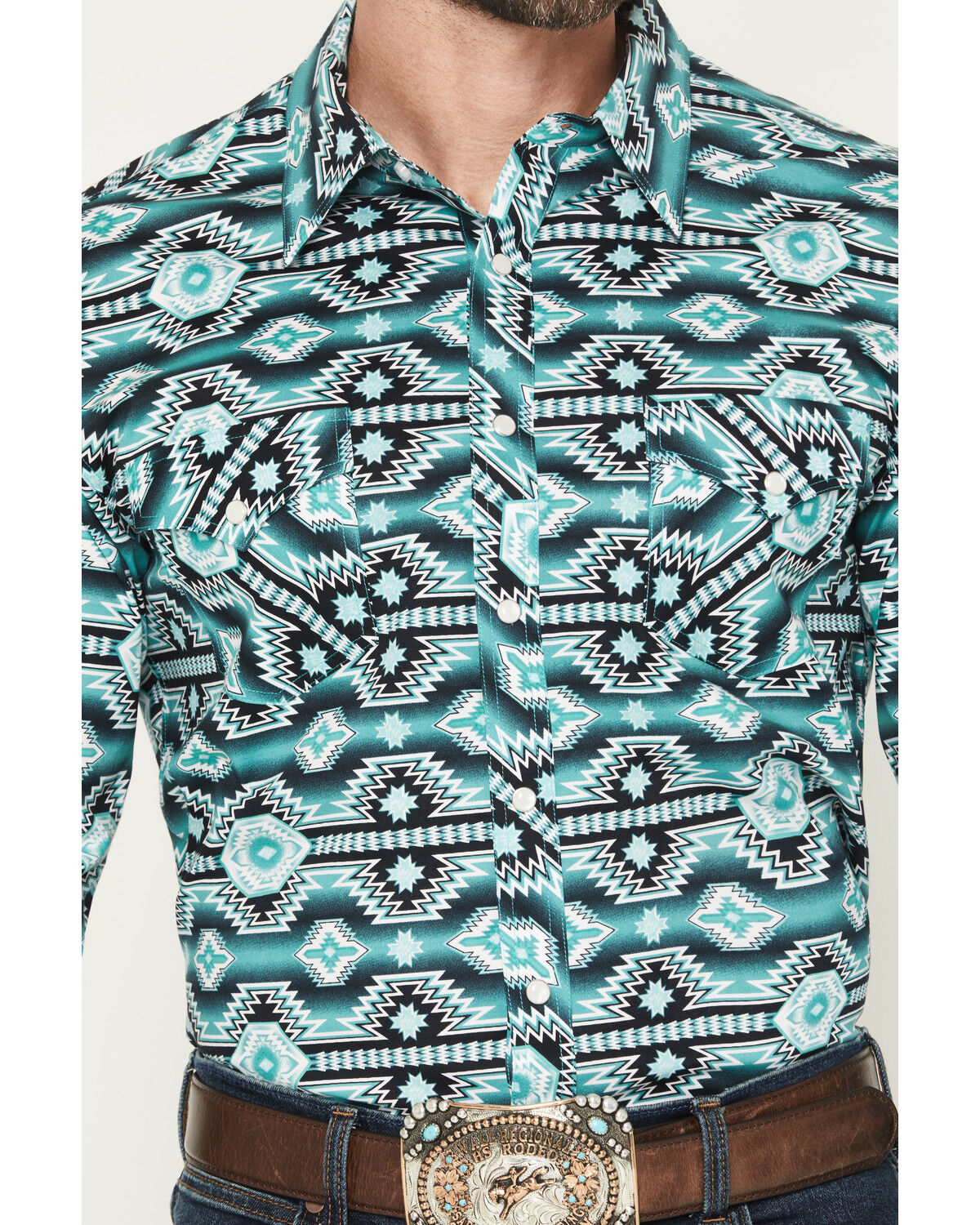 Image #3 - Rock & Roll Denim Men's Southwestern Print Long Sleeve Snap Stretch Western Shirt, Teal, hi-res