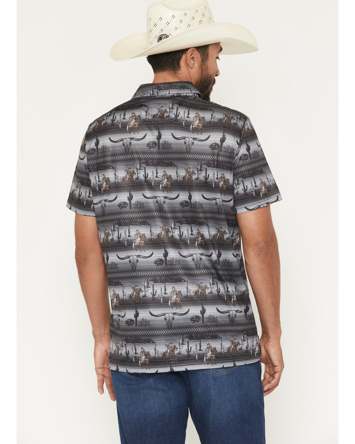 Image #4 - Rock & Roll Denim Men's Steerhead Print Short Sleeve Button-Down Stretch Polo Shirt, Black, hi-res