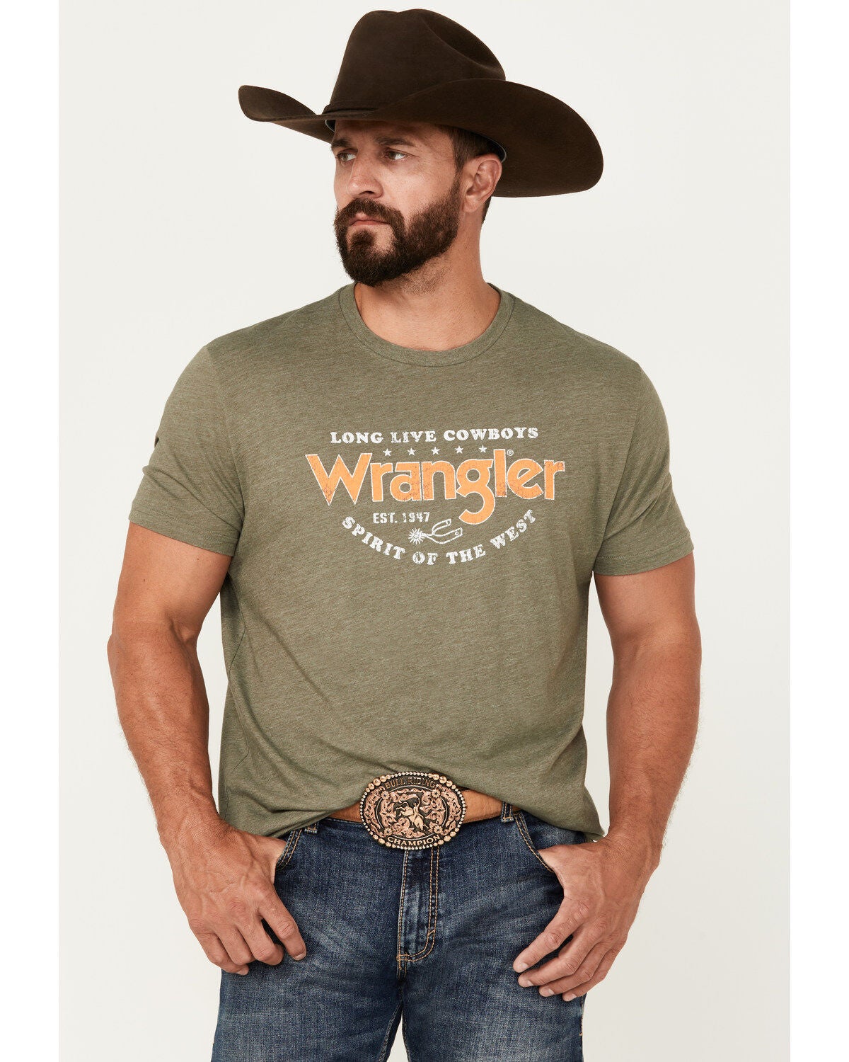 Image #1 - Wrangler Men's Boot Barn Exclusive Logo Short Sleeve Graphic T-Shirt, , hi-res