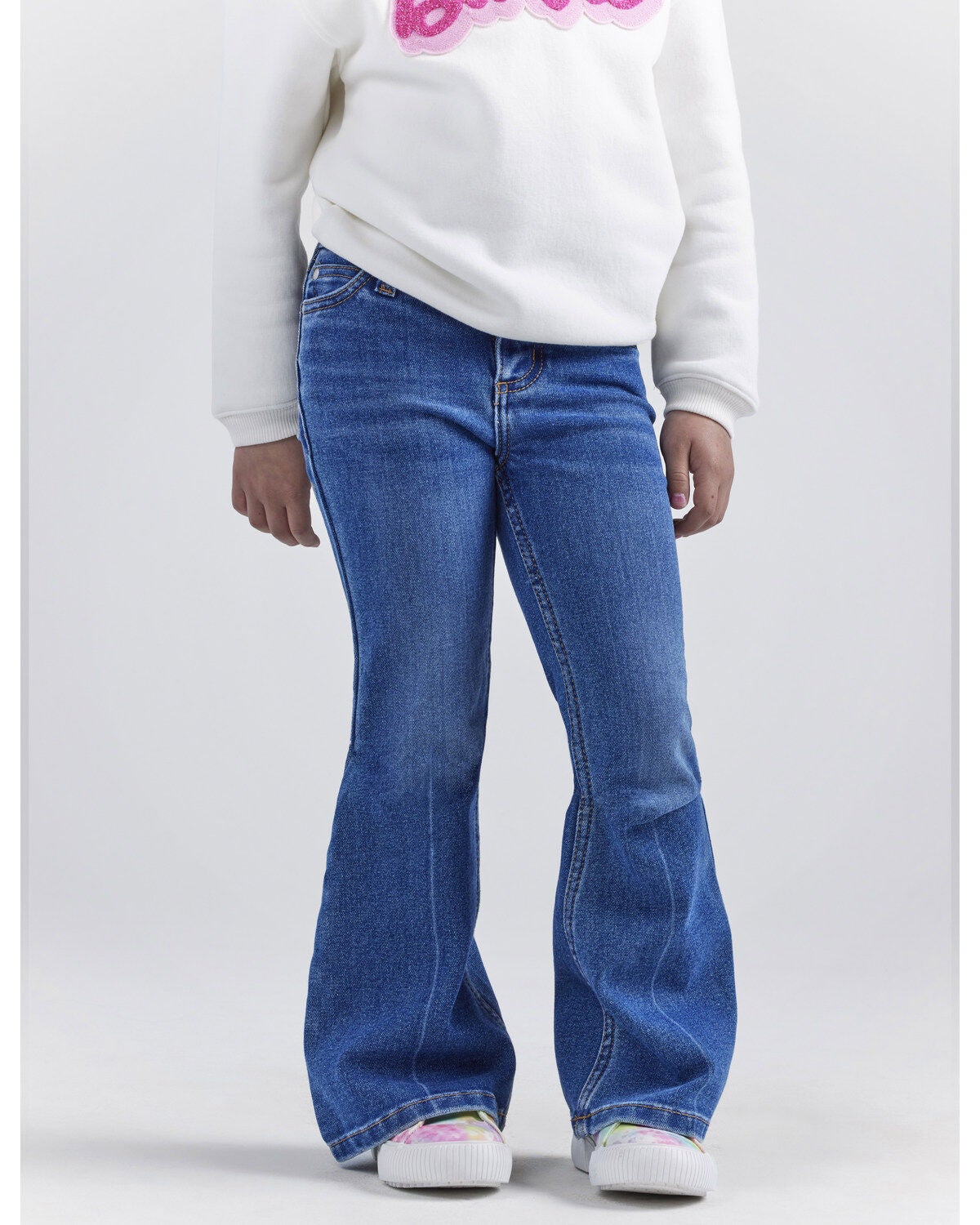 Image #2 - Wrangler&reg; X Barbie&trade; Girls' Medium Wash Mid Rise Pink Patch Stretch Flare Jeans, Medium Wash, hi-res