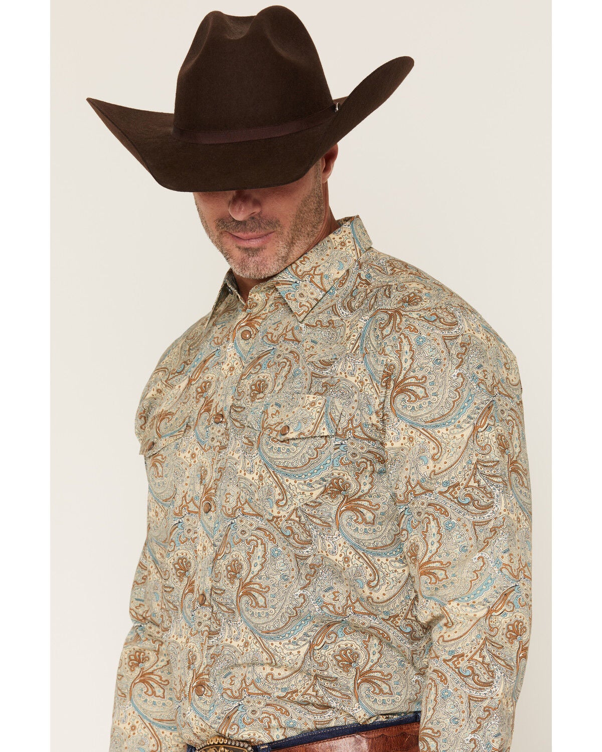 Image #2 - Gibson Trading Co Men's Feelin' Good Paisley Print Long Sleeve Snap Western Shirt - Tall, Aqua, hi-res