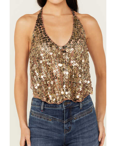 Free People Women's All That Glitters Tank , Gold, hi-res
