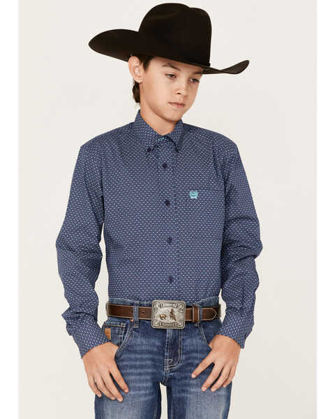 Cinch Boys' Dotted Print Long Sleeve Button-Down Shirt, Blue, hi-res