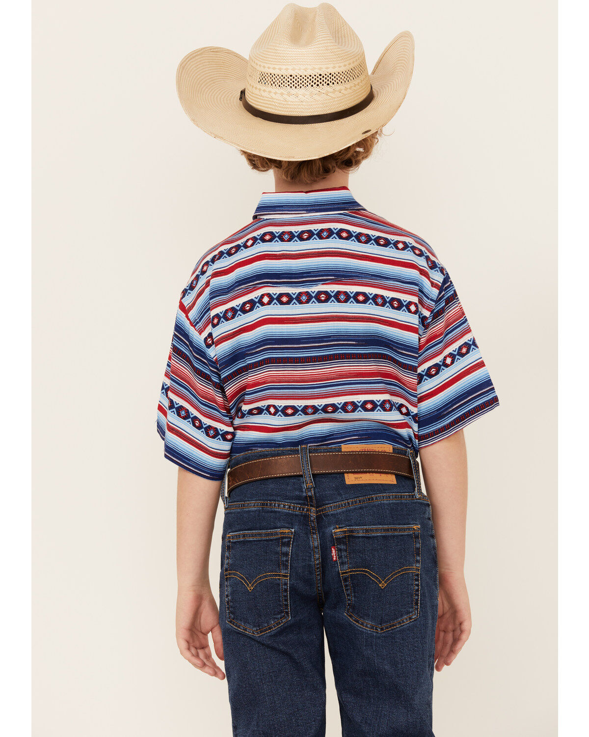 Image #4 - Panhandle Boys' Southwestern Striped Print Short Sleeve Snap Western Shirt, Blue, hi-res