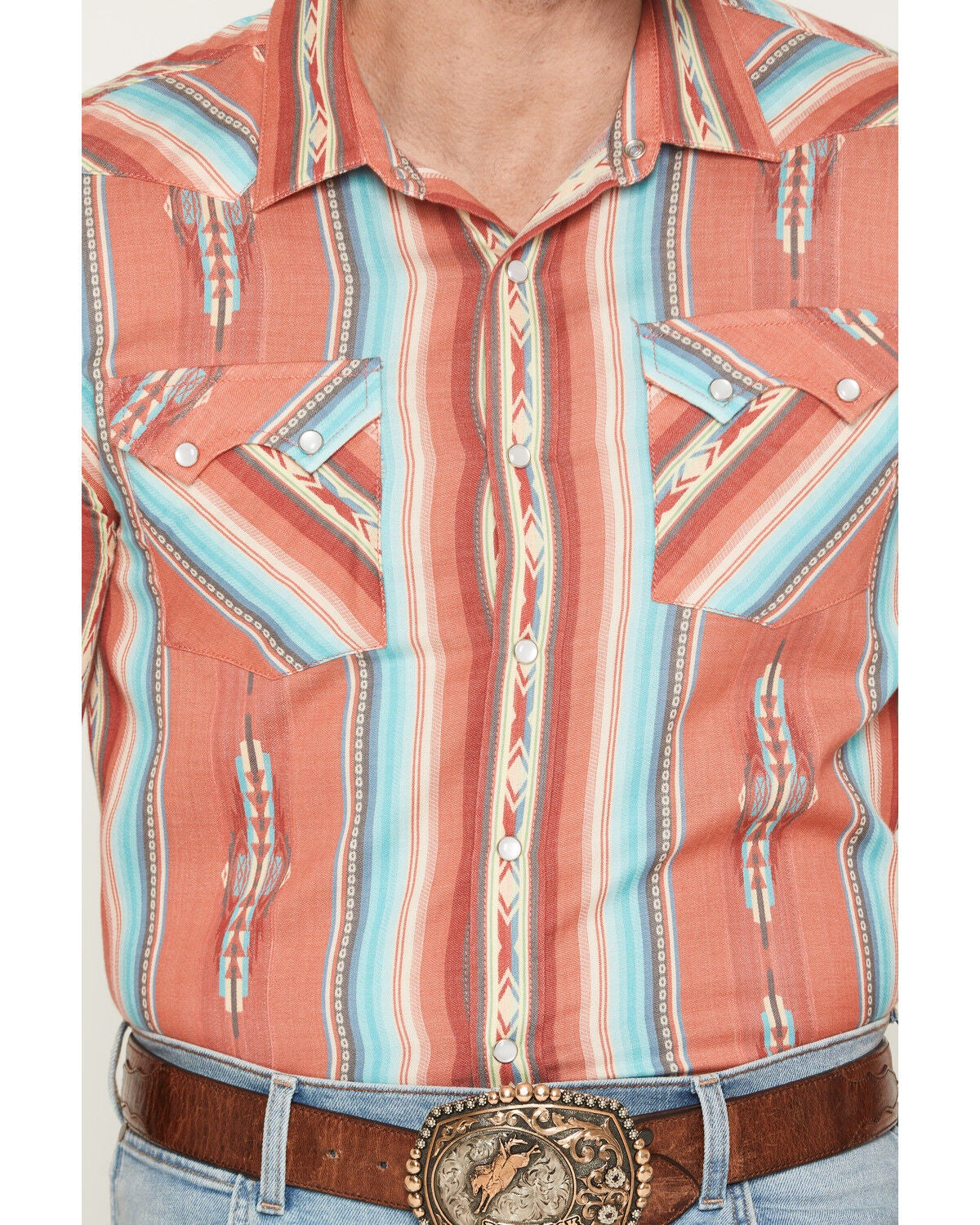 Image #3 - Panhandle Slim Men's Southwestern Striped Long Sleeve Pearl Snap Western Shirt, Red, hi-res