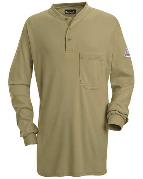 Bulwark Men's FR Khaki Tagless Henley Long Sleeve Work Shirt - Tall , Beige/khaki, hi-res