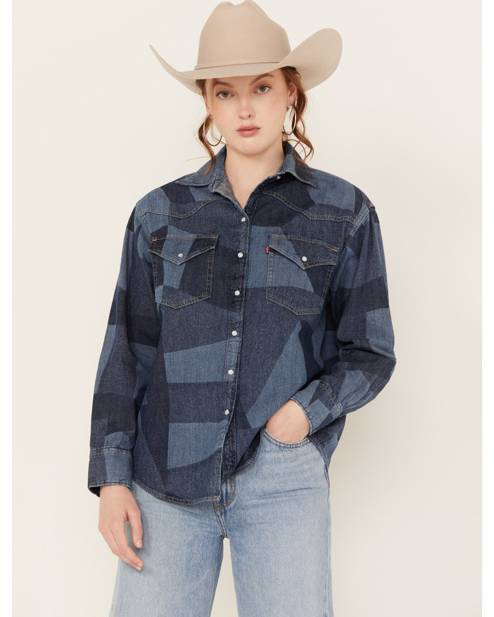 Levi s Women s Dylan Oversized Western Patchwork Print Long Sleeve Pearl Snap Shirt Boot Barn